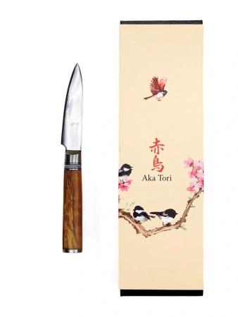 Nóż do obierania z grawerem Aka Tori ze stali damasceńskiej 3,5" - Kyoto Olive