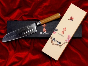 Nóż Santoku z grawerem Aka Tori ze stali damasceńskiej 7" - Kyoto Olive