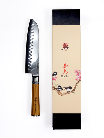 Nóż Santoku z grawerem Aka Tori ze stali damasceńskiej 7" - Kyoto Olive