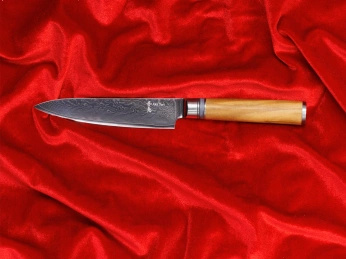 Nóż uniwersalny z grawerem Aka Tori ze stali damasceńskiej 5" - Kyoto Olive