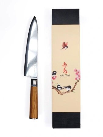 Nóż Szefa Kuchni z grawerem Aka Tori ze stali damasceńskiej 8" - Kyoto Olive