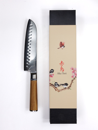 Nóż Santoku Aka Tori ze stali damasceńskiej 7" - Kyoto Olive