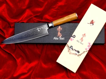 Nóż Szefa Kuchni z grawerem Aka Tori ze stali damasceńskiej 8" - Kyoto Olive