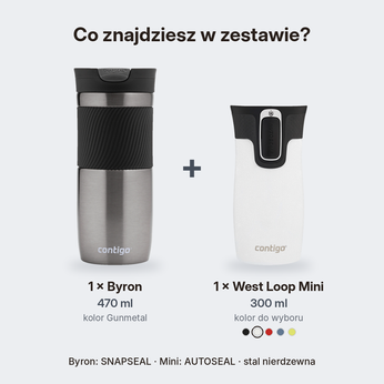 Zestaw Contigo Byron 470 ml Gunmetal + West Loop Mini 300 ml – biały metalik