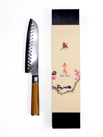 Nóż Santoku z grawerem Aka Tori ze stali damasceńskiej 7" - Kyoto Olive